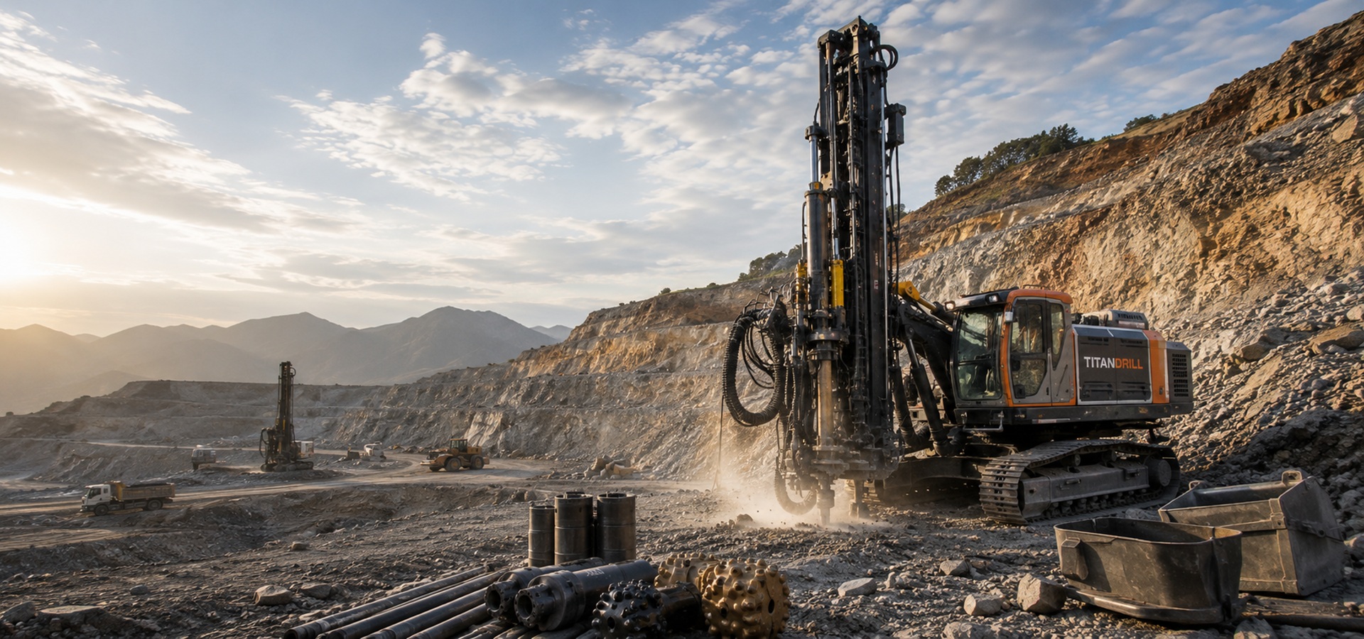 Industrial drill rig operating at a quarry with drilling tools and equipment on site