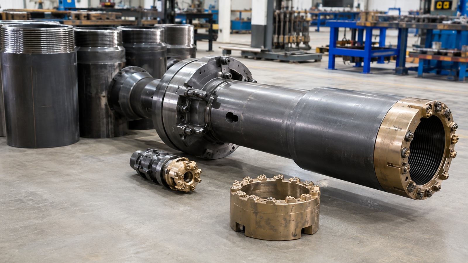 Overburden casing drilling system components in an industrial manufacturing facility