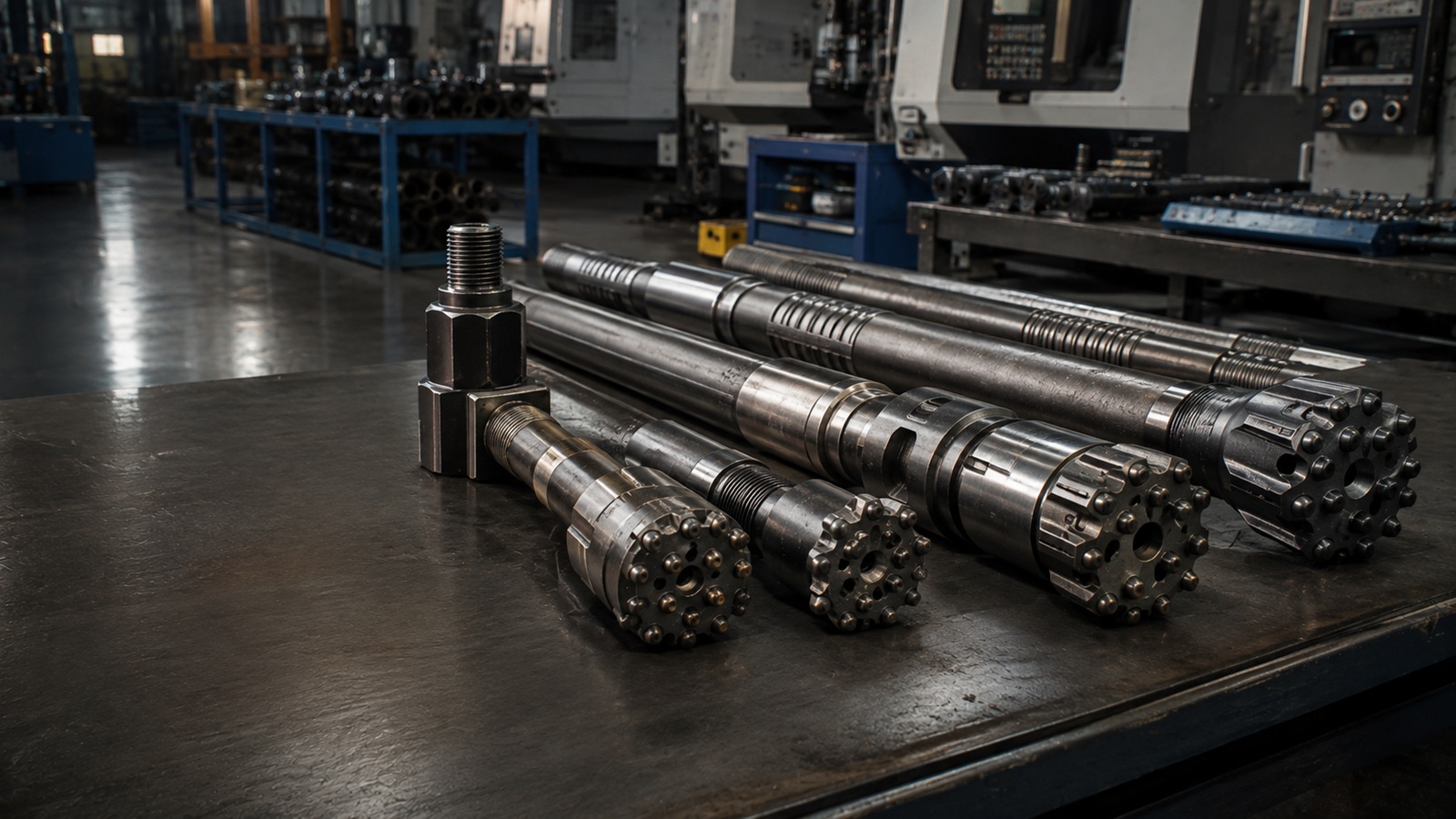 Top hammer drill bits, rods and drilling components in an industrial workshop